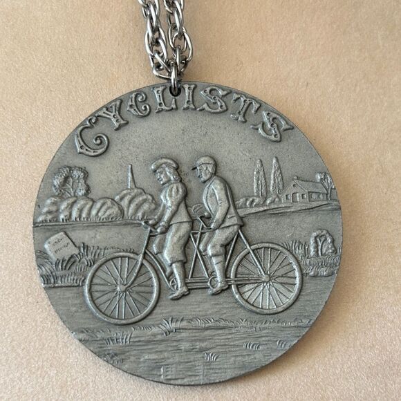International Pewter Silver Cyclist Pendant Necklace - Picture 2 of 5